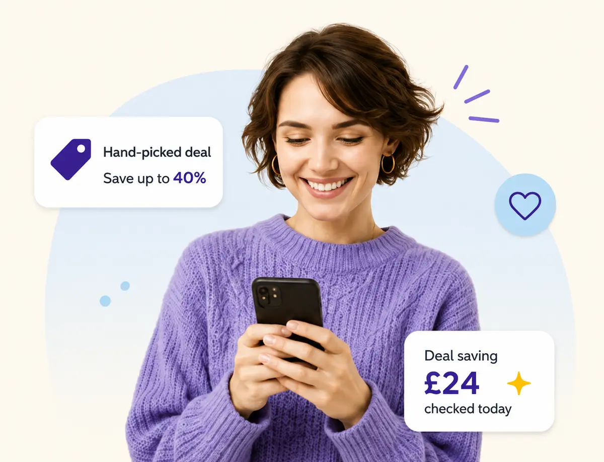 Woman smiling while browsing deals on her phone